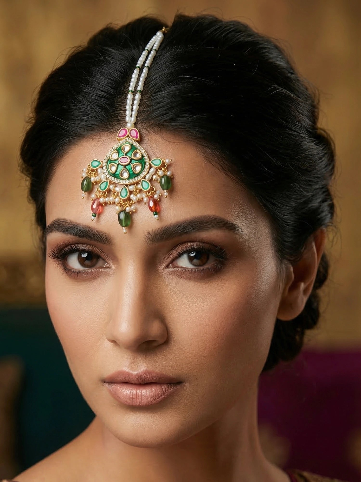Aadita Gold Plated Kundan Mangtika with Green Meenakari Pendant and Pearl Bead Chain