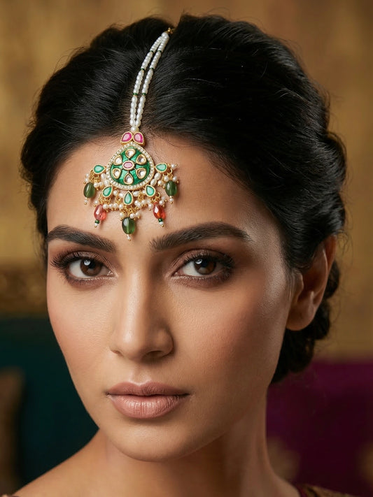 Aadita Gold Plated Kundan Mangtika with Green Meenakari Pendant and Pearl Bead Chain