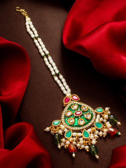 Aadita Gold Plated Kundan Mangtika with Green Meenakari Pendant and Pearl Bead Chain