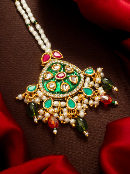 Aadita Gold Plated Kundan Mangtika with Green Meenakari Pendant and Pearl Bead Chain