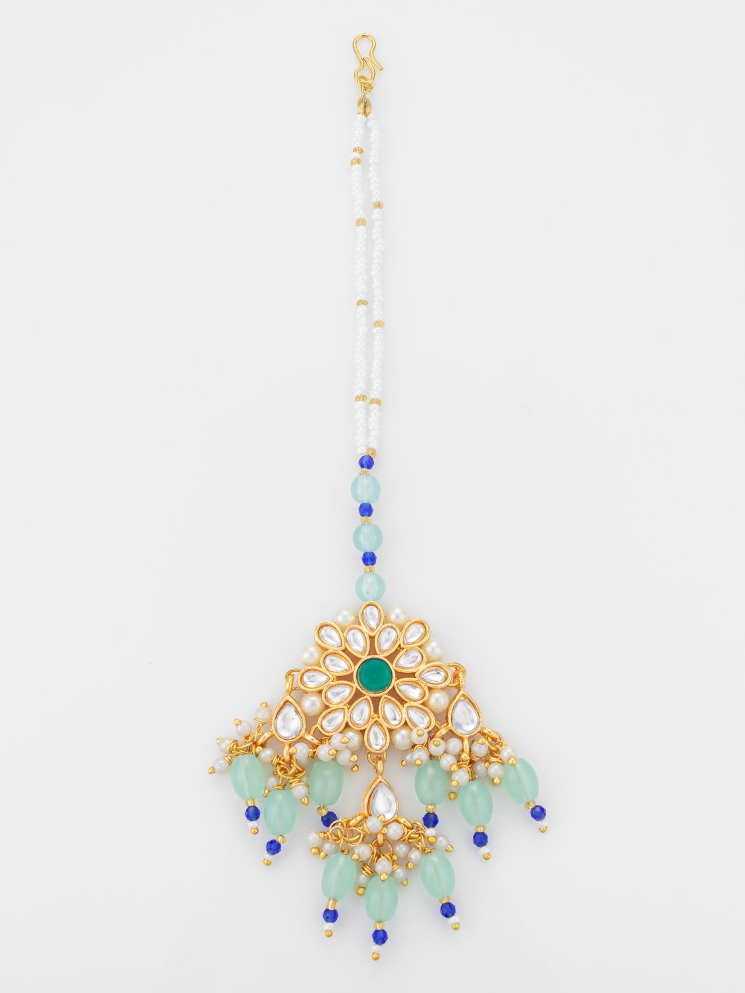 Aadita Gold Plated Kundan Flower Mangtika with Mint Green Bead Drops and Blue Crystal Chain