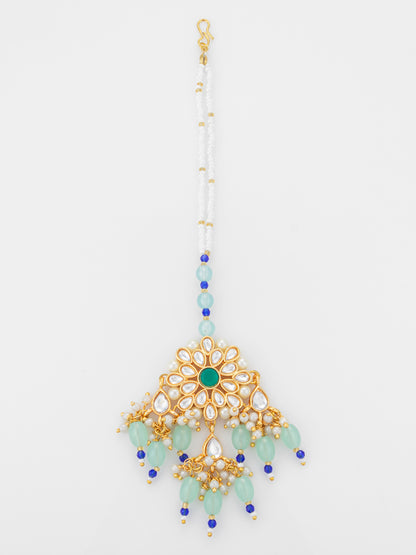 Aadita Gold Plated Kundan Flower Mangtika with Mint Green Bead Drops and Blue Crystal Chain