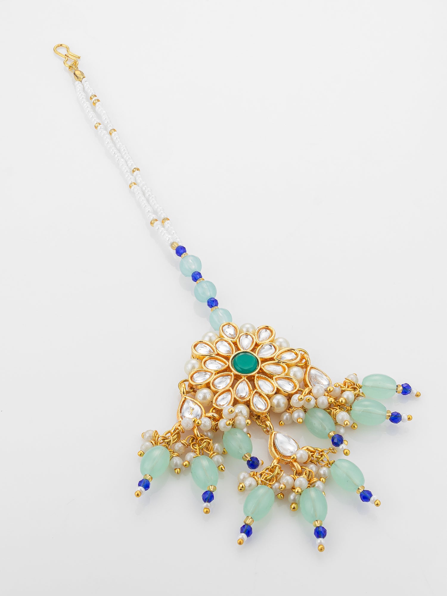 Aadita Gold Plated Kundan Flower Mangtika with Mint Green Bead Drops and Blue Crystal Chain