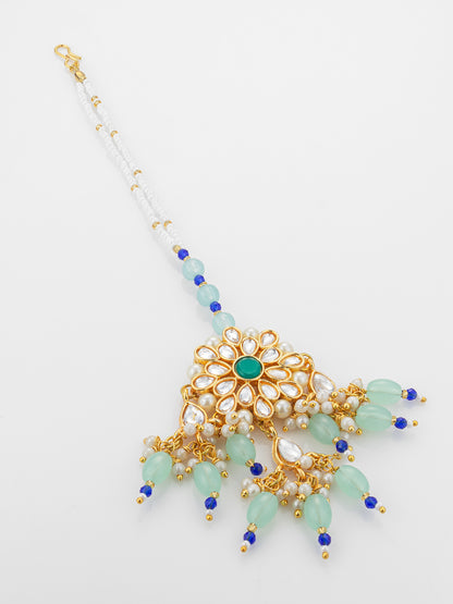 Aadita Gold Plated Kundan Flower Mangtika with Mint Green Bead Drops and Blue Crystal Chain