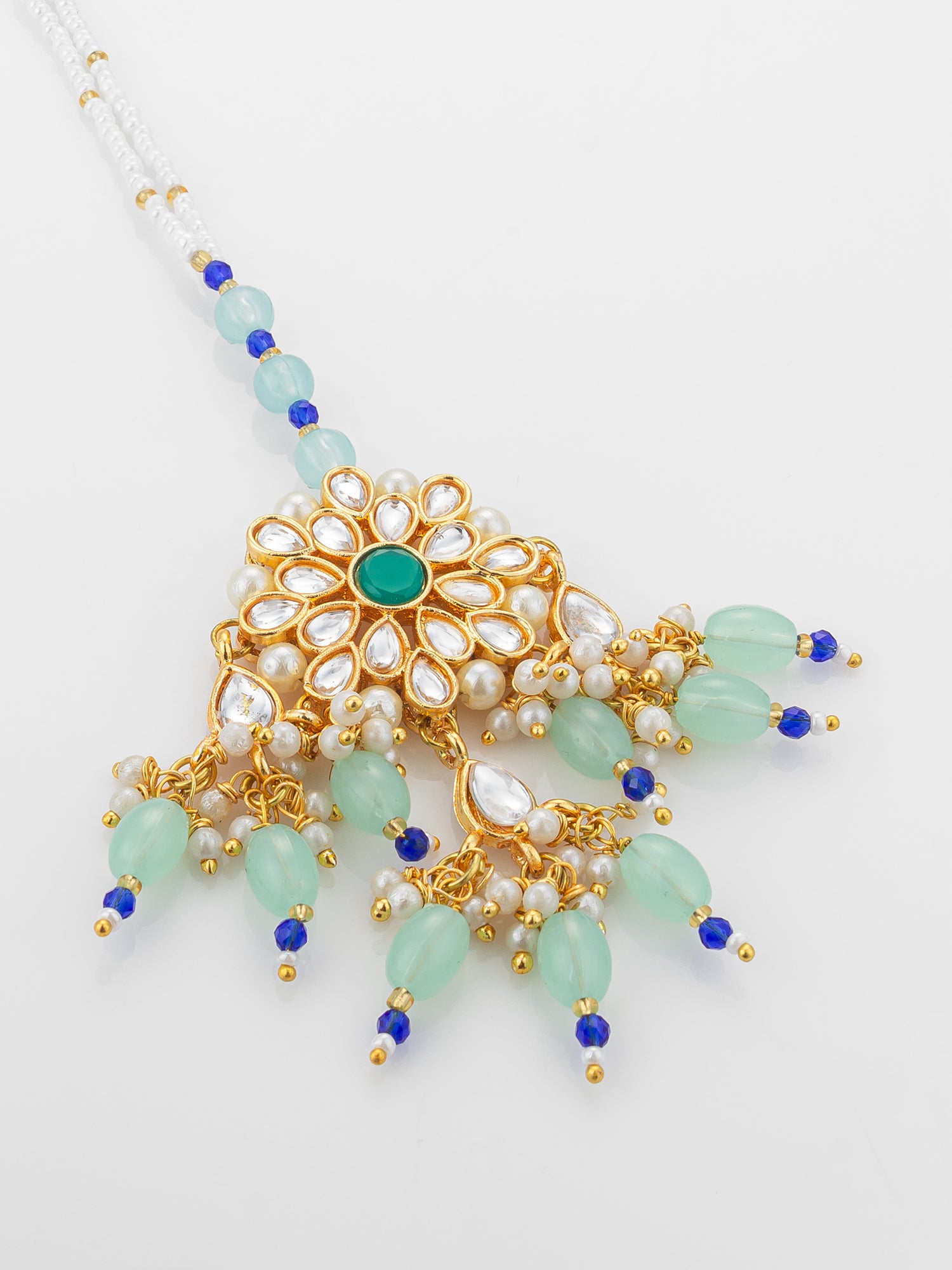 Aadita Gold Plated Kundan Flower Mangtika with Mint Green Bead Drops and Blue Crystal Chain