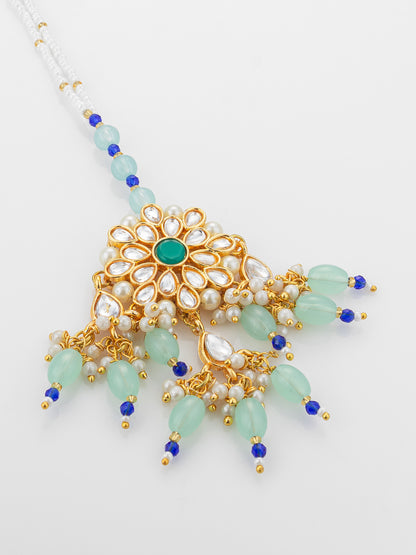 Aadita Gold Plated Kundan Flower Mangtika with Mint Green Bead Drops and Blue Crystal Chain