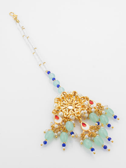 Aadita Gold Plated Kundan Flower Mangtika with Mint Green Bead Drops and Blue Crystal Chain