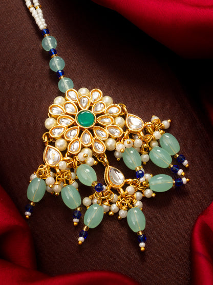 Aadita Gold Plated Kundan Flower Mangtika with Mint Green Bead Drops and Blue Crystal Chain