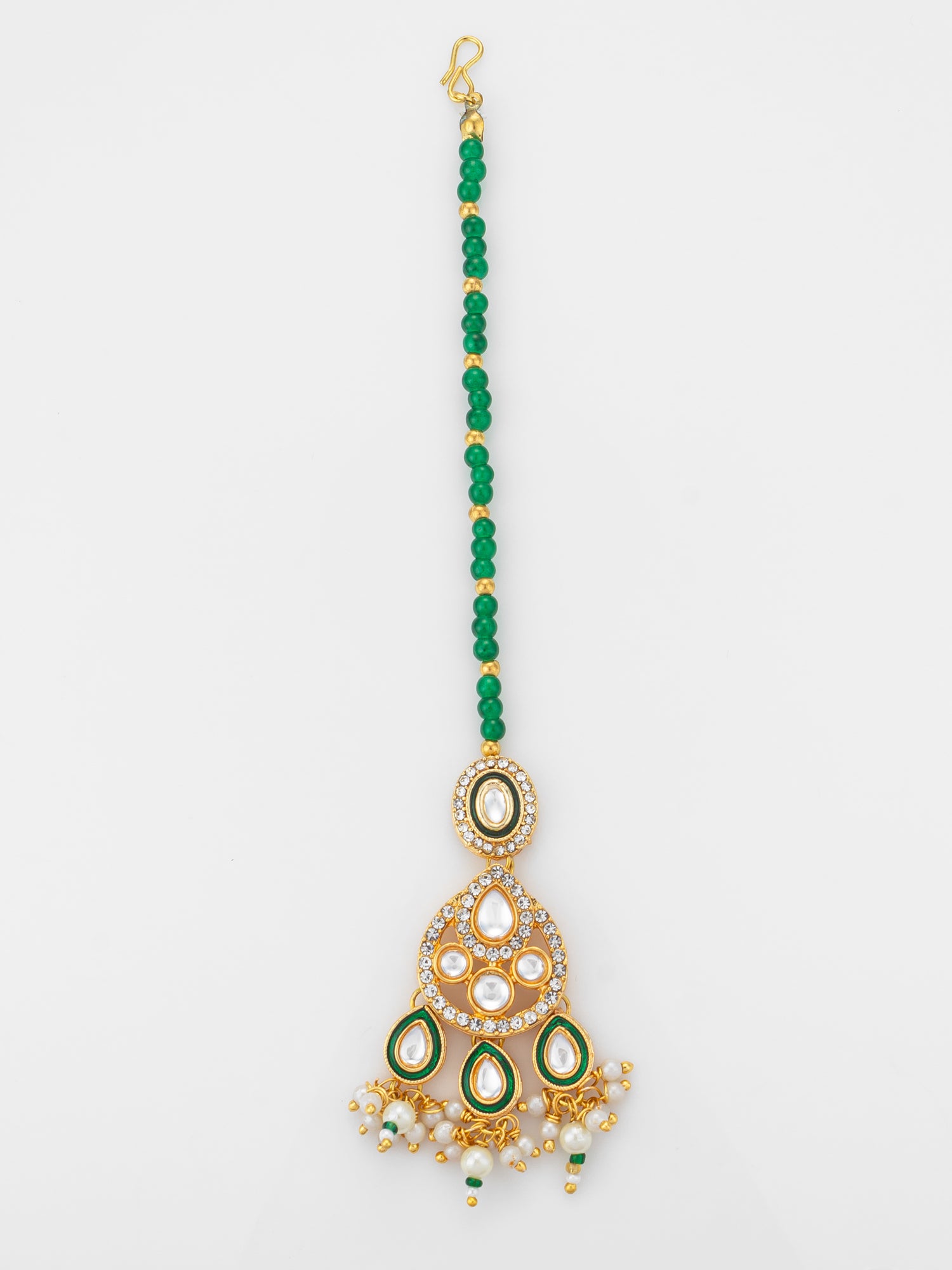Aadita Gold Plated Kundan Chandbali-Style Mangtika with Green Bead Chain and Pearl Drops