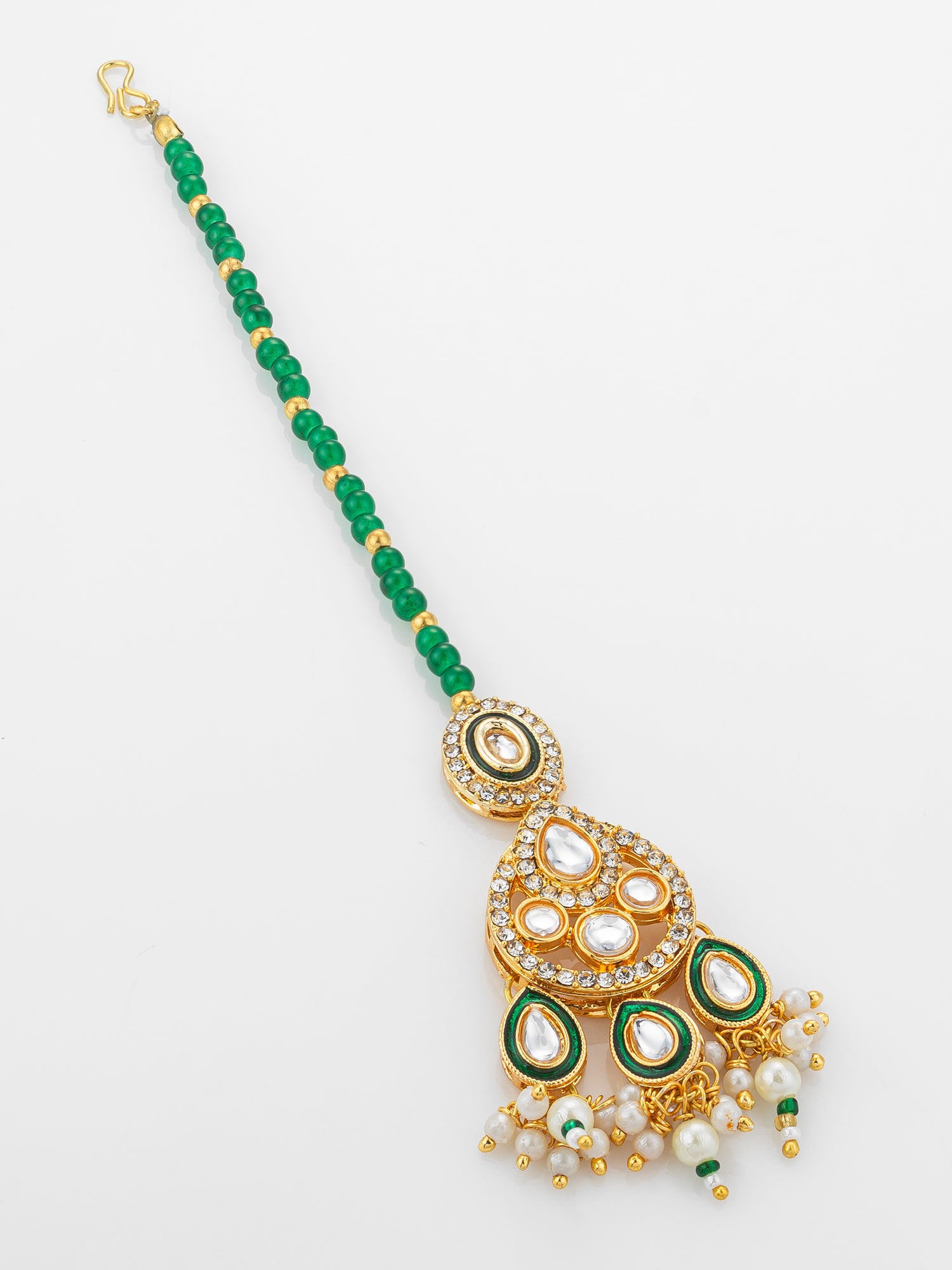 Aadita Gold Plated Kundan Chandbali-Style Mangtika with Green Bead Chain and Pearl Drops