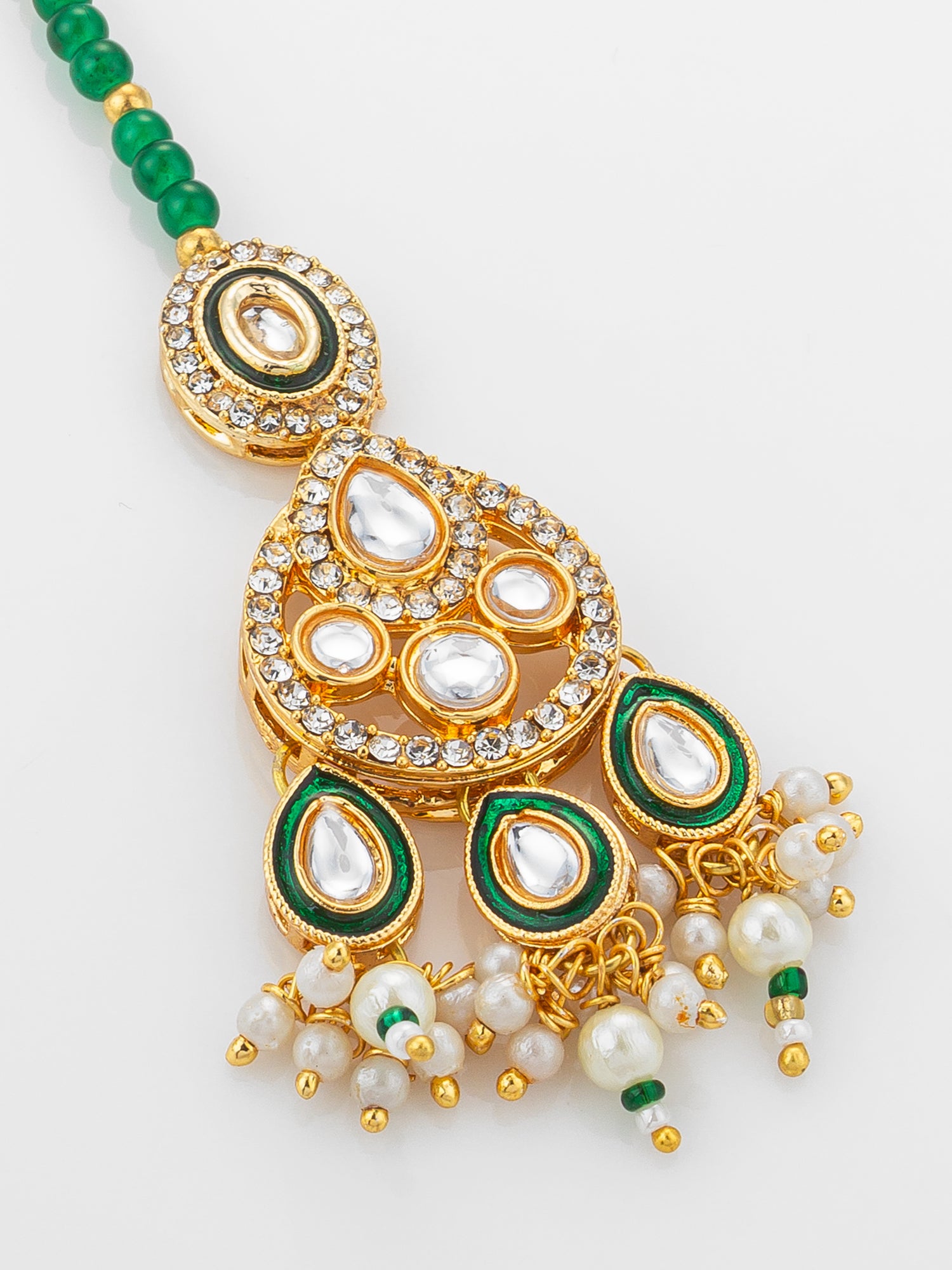 Aadita Gold Plated Kundan Chandbali-Style Mangtika with Green Bead Chain and Pearl Drops