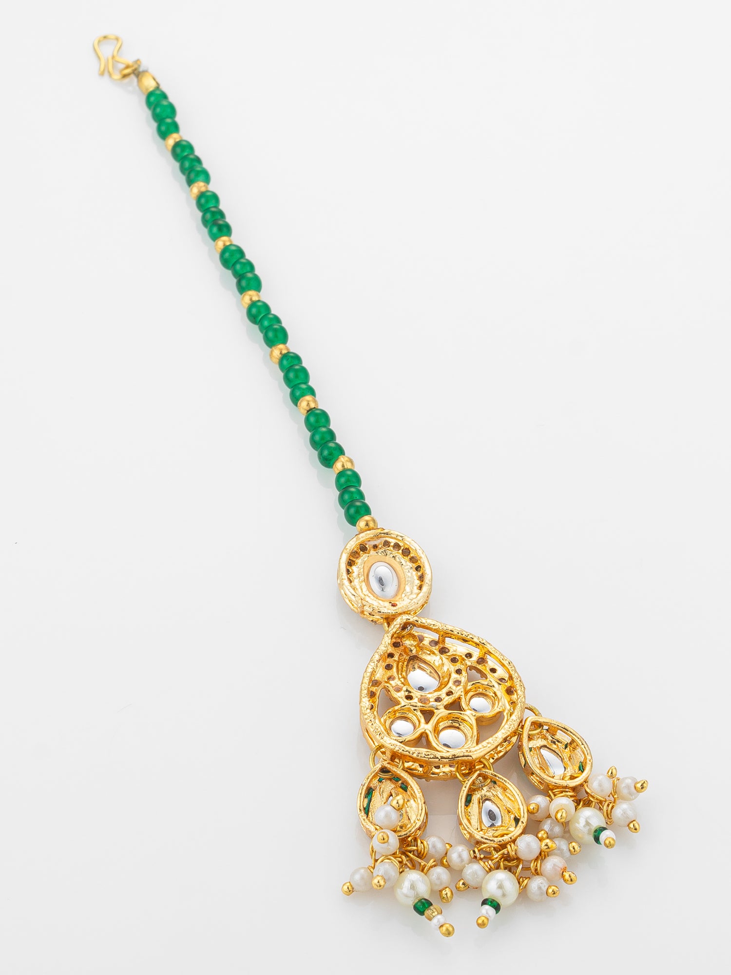 Aadita Gold Plated Kundan Chandbali-Style Mangtika with Green Bead Chain and Pearl Drops