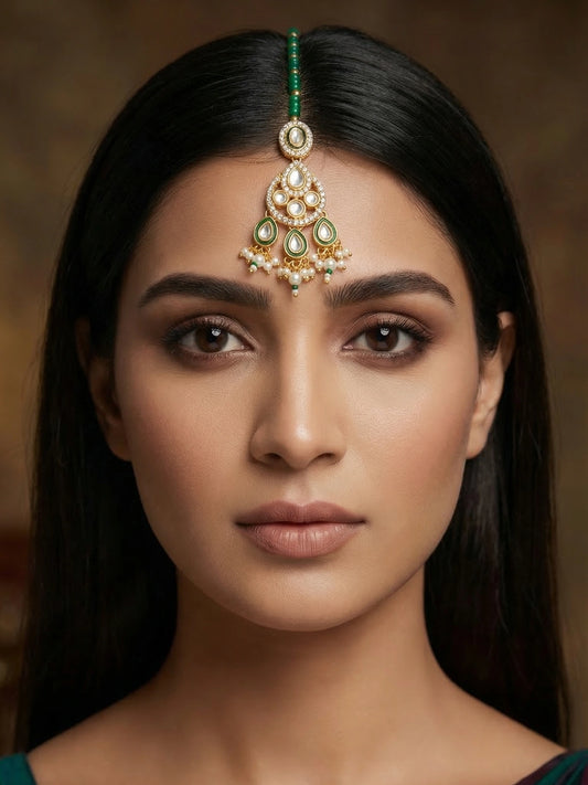 Aadita Gold Plated Kundan Chandbali-Style Mangtika with Green Bead Chain and Pearl Drops