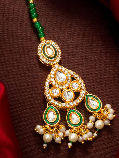 Aadita Gold Plated Kundan Chandbali-Style Mangtika with Green Bead Chain and Pearl Drops