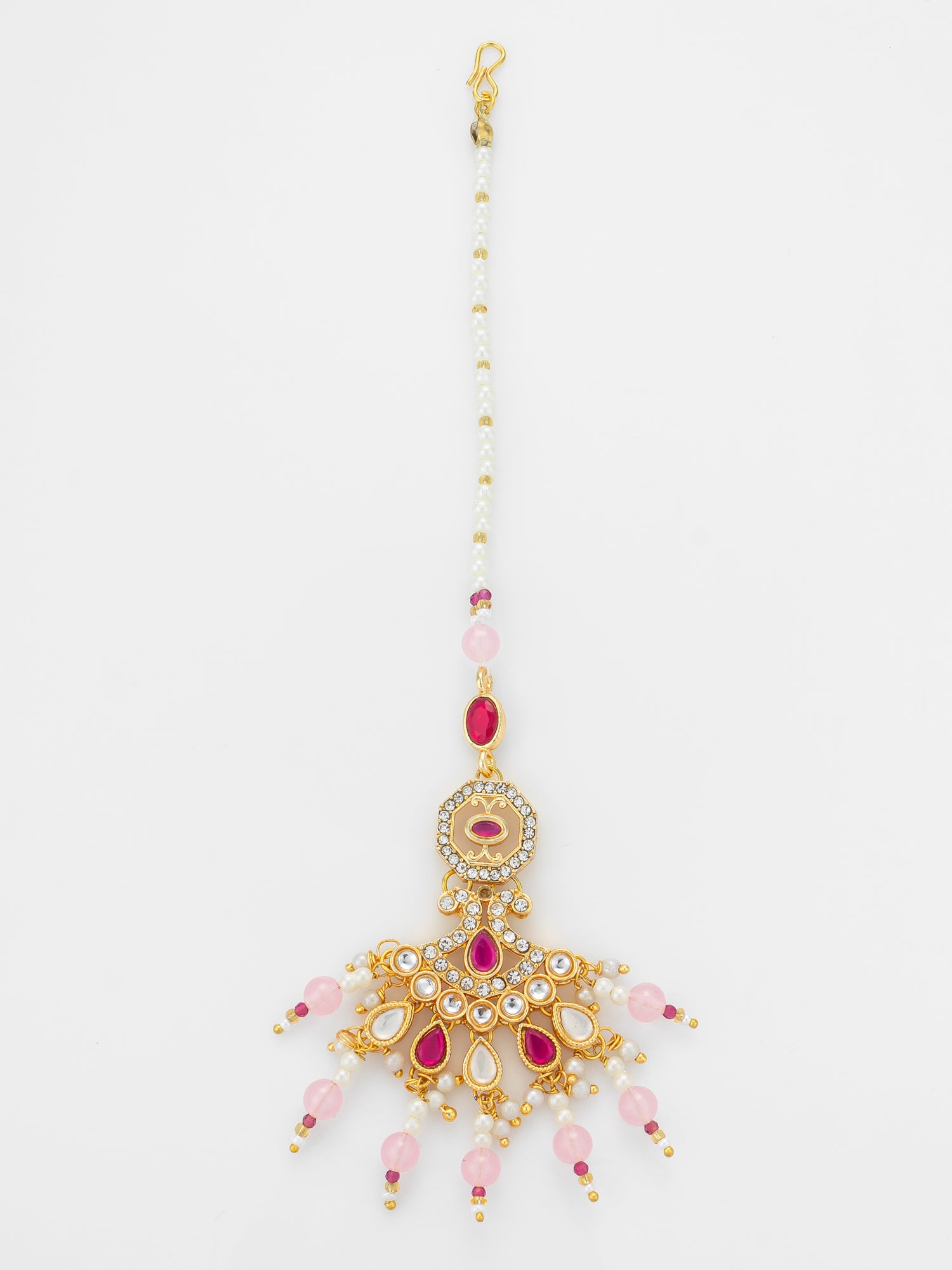 Aadita Gold Plated Kundan Mangtika with Pink Bead Chain and Rose Quartz-Toned Drops