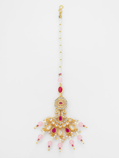 Aadita Gold Plated Kundan Mangtika with Pink Bead Chain and Rose Quartz-Toned Drops