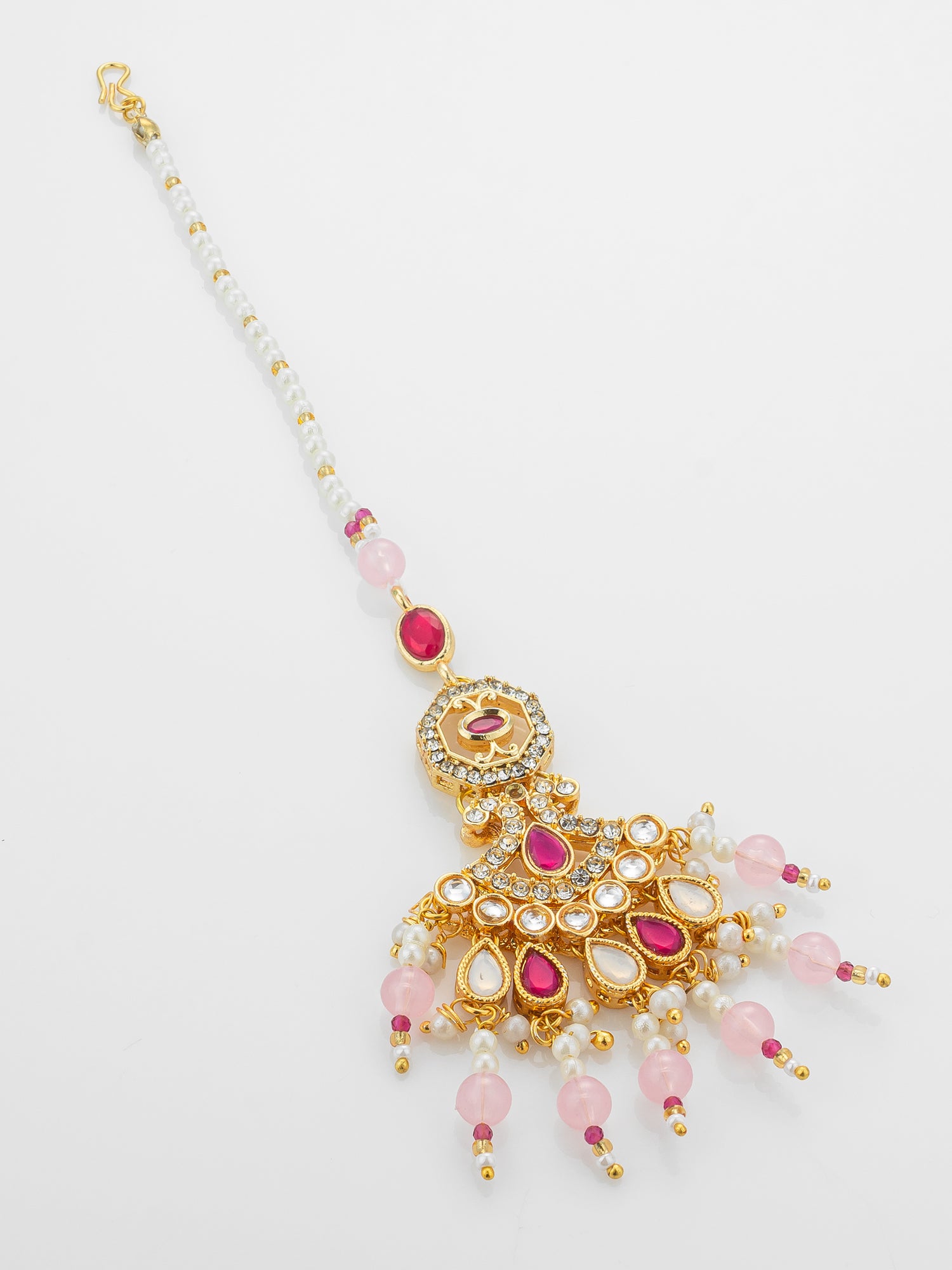 Aadita Gold Plated Kundan Mangtika with Pink Bead Chain and Rose Quartz-Toned Drops