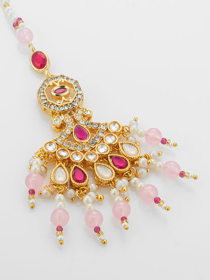 Aadita Gold Plated Kundan Mangtika with Pink Bead Chain and Rose Quartz-Toned Drops