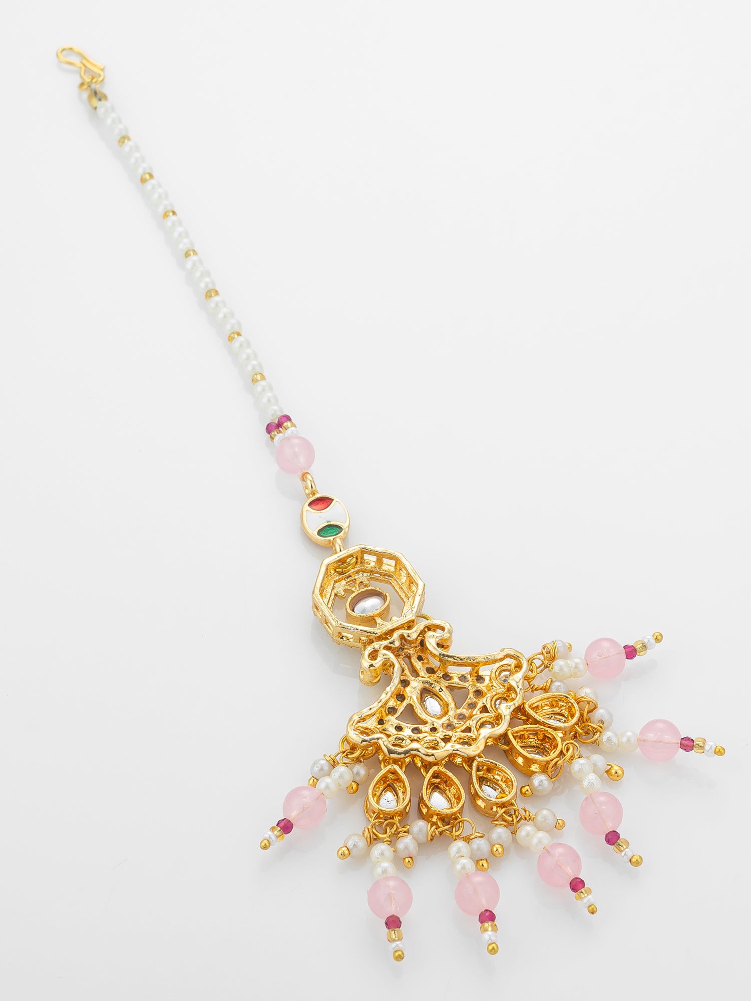 Aadita Gold Plated Kundan Mangtika with Pink Bead Chain and Rose Quartz-Toned Drops