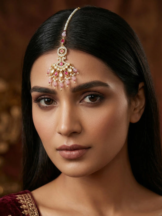 Aadita Gold Plated Kundan Mangtika with Pink Bead Chain and Rose Quartz-Toned Drops