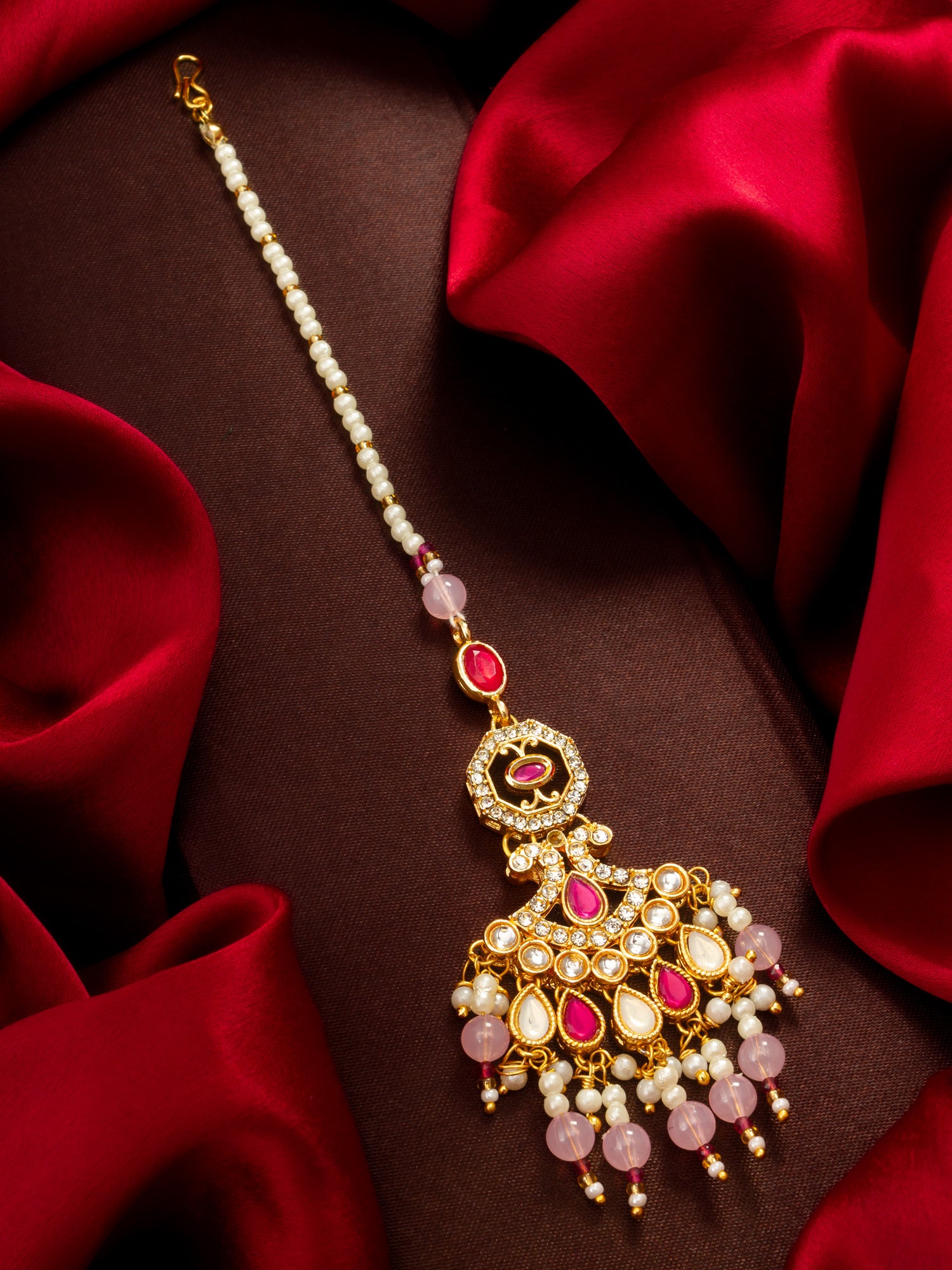 Aadita Gold Plated Kundan Mangtika with Pink Bead Chain and Rose Quartz-Toned Drops