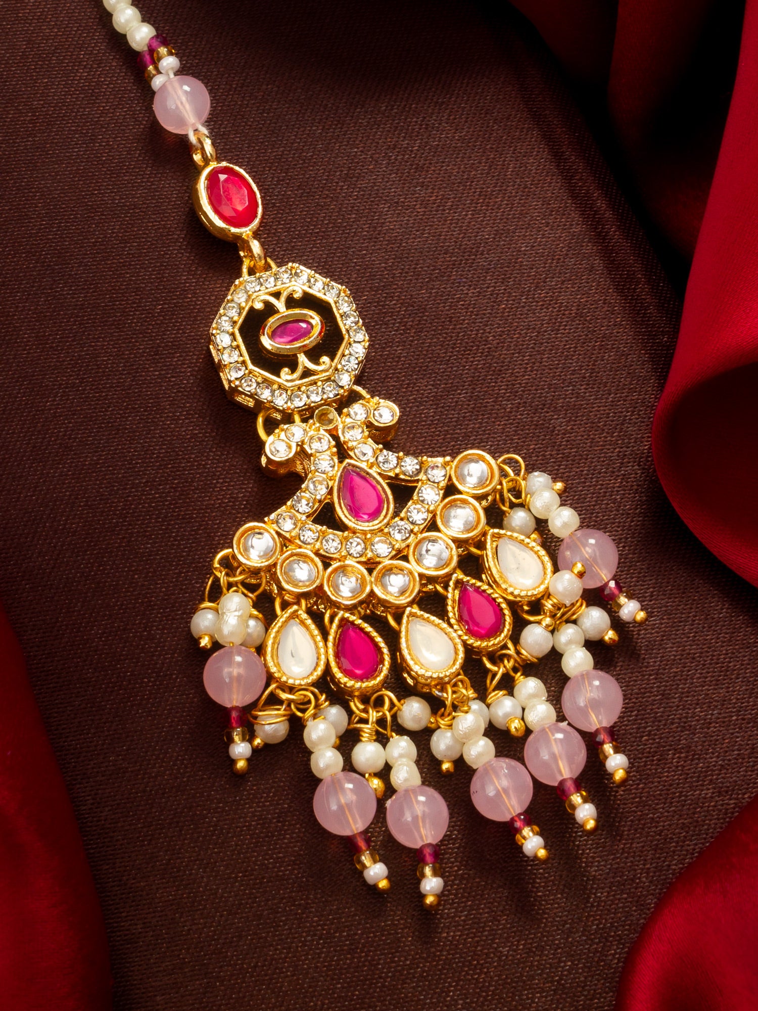 Aadita Gold Plated Kundan Mangtika with Pink Bead Chain and Rose Quartz-Toned Drops