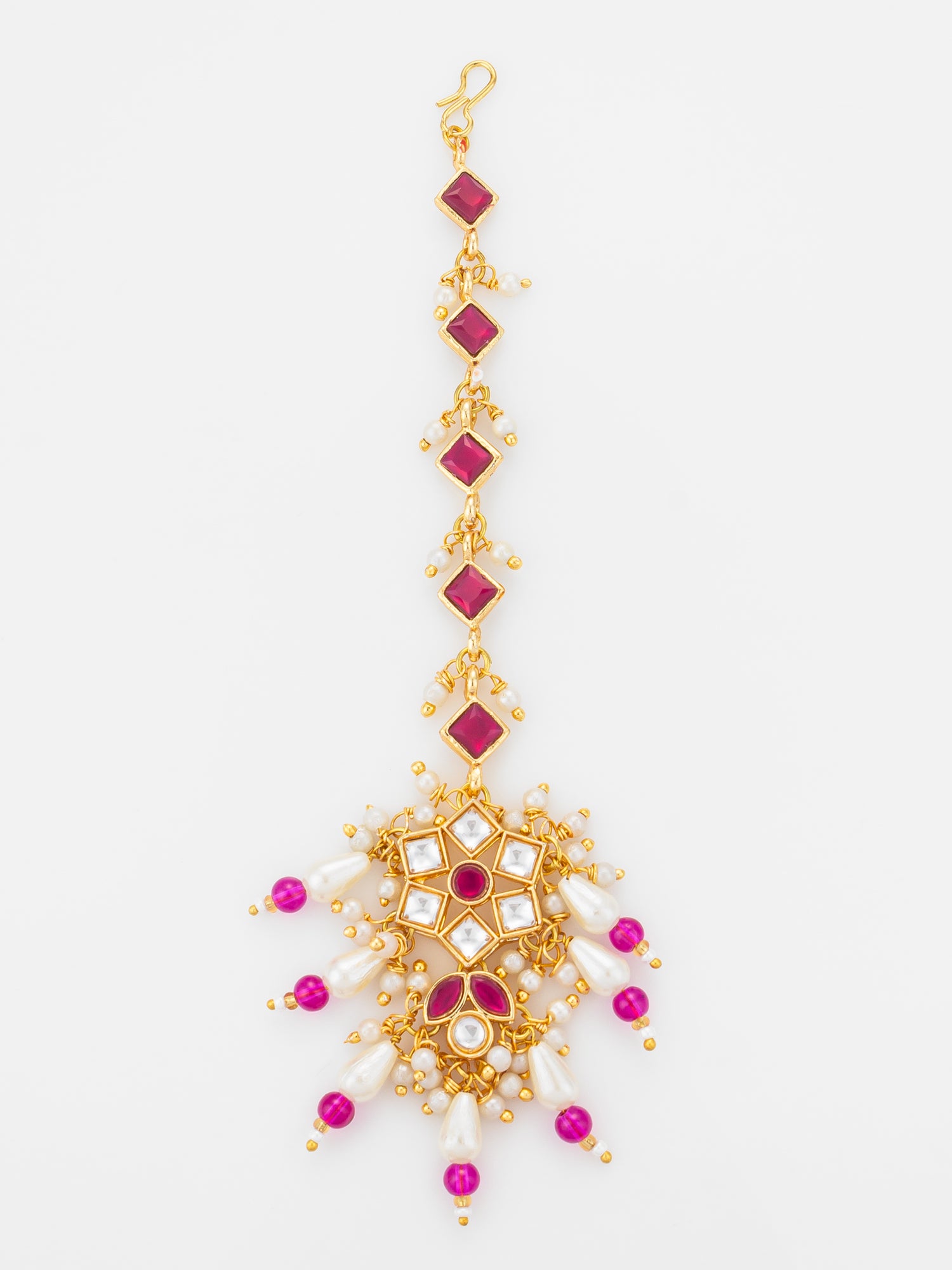 Aadita Gold Plated Diamond-Cut Ruby Stone Chain Mangtika with Kundan Star Pendant and Pearl Drops