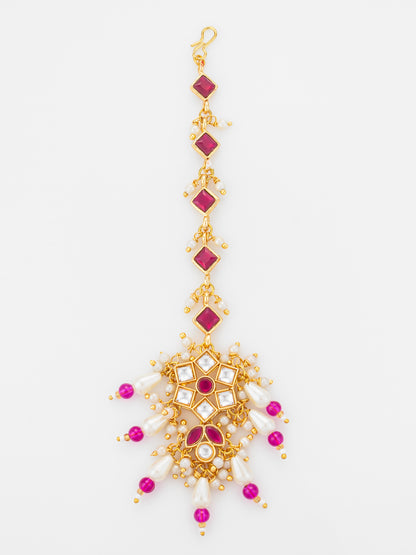Aadita Gold Plated Diamond-Cut Ruby Stone Chain Mangtika with Kundan Star Pendant and Pearl Drops