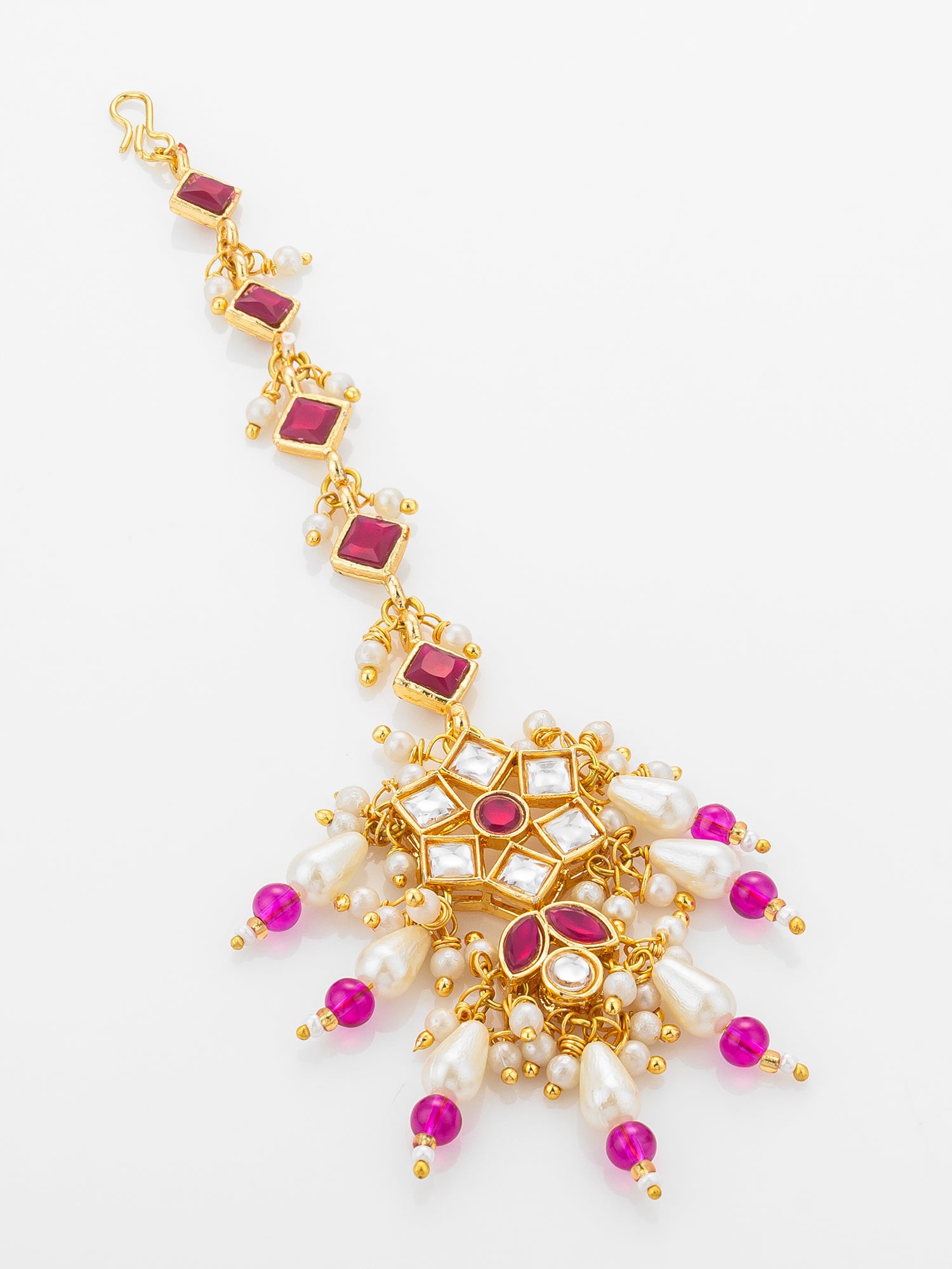 Aadita Gold Plated Diamond-Cut Ruby Stone Chain Mangtika with Kundan Star Pendant and Pearl Drops