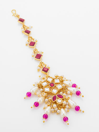 Aadita Gold Plated Diamond-Cut Ruby Stone Chain Mangtika with Kundan Star Pendant and Pearl Drops
