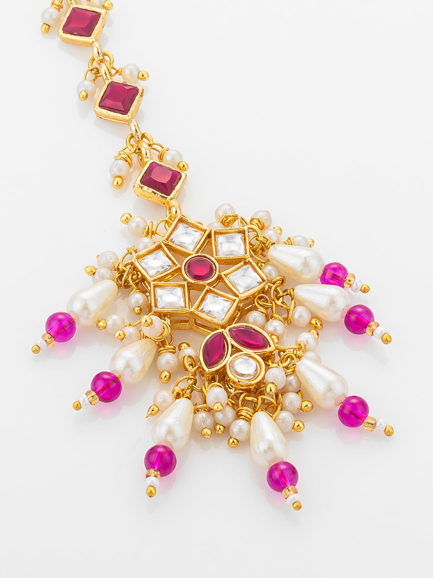 Aadita Gold Plated Diamond-Cut Ruby Stone Chain Mangtika with Kundan Star Pendant and Pearl Drops