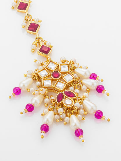 Aadita Gold Plated Diamond-Cut Ruby Stone Chain Mangtika with Kundan Star Pendant and Pearl Drops
