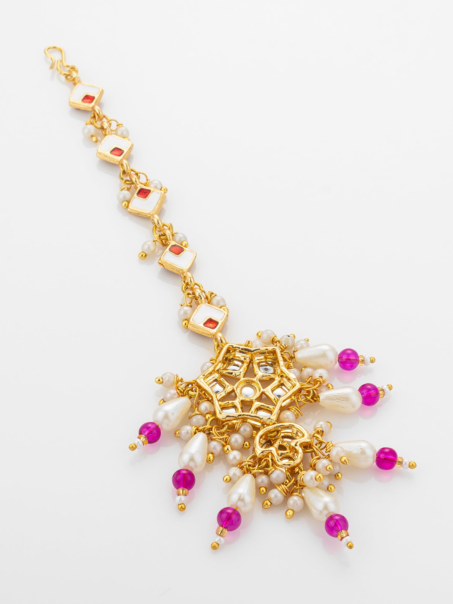 Aadita Gold Plated Diamond-Cut Ruby Stone Chain Mangtika with Kundan Star Pendant and Pearl Drops