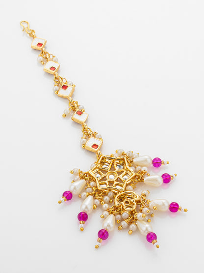 Aadita Gold Plated Diamond-Cut Ruby Stone Chain Mangtika with Kundan Star Pendant and Pearl Drops