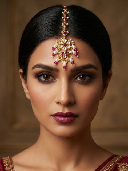 Aadita Gold Plated Diamond-Cut Ruby Stone Chain Mangtika with Kundan Star Pendant and Pearl Drops