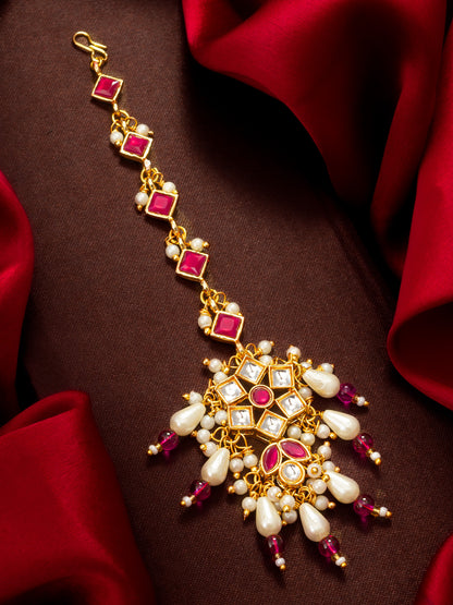 Aadita Gold Plated Diamond-Cut Ruby Stone Chain Mangtika with Kundan Star Pendant and Pearl Drops