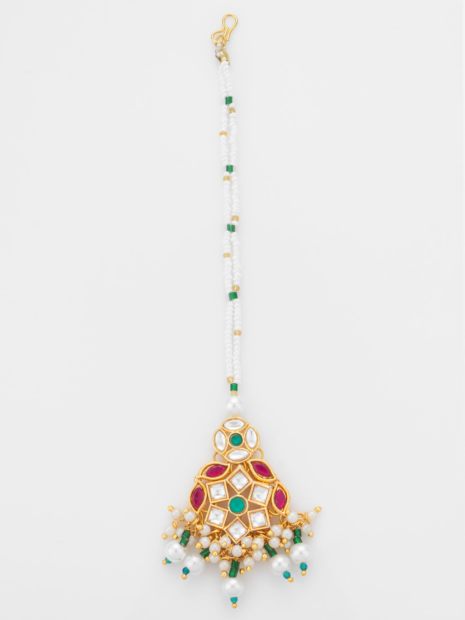 Aadita Gold Plated Multi-Stone Kundan Mangtika with White Seed Bead Chain and Pearl Fringe