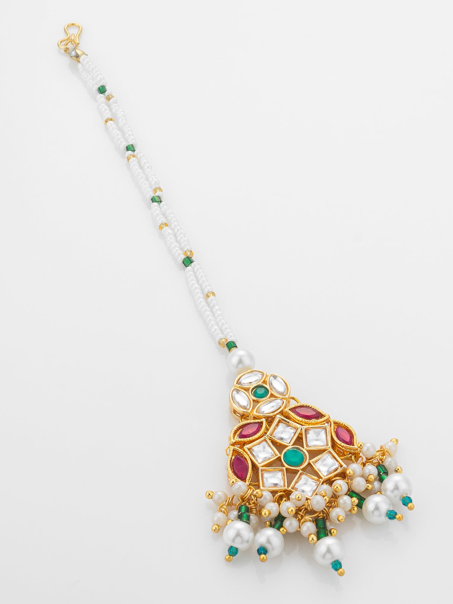Aadita Gold Plated Multi-Stone Kundan Mangtika with White Seed Bead Chain and Pearl Fringe