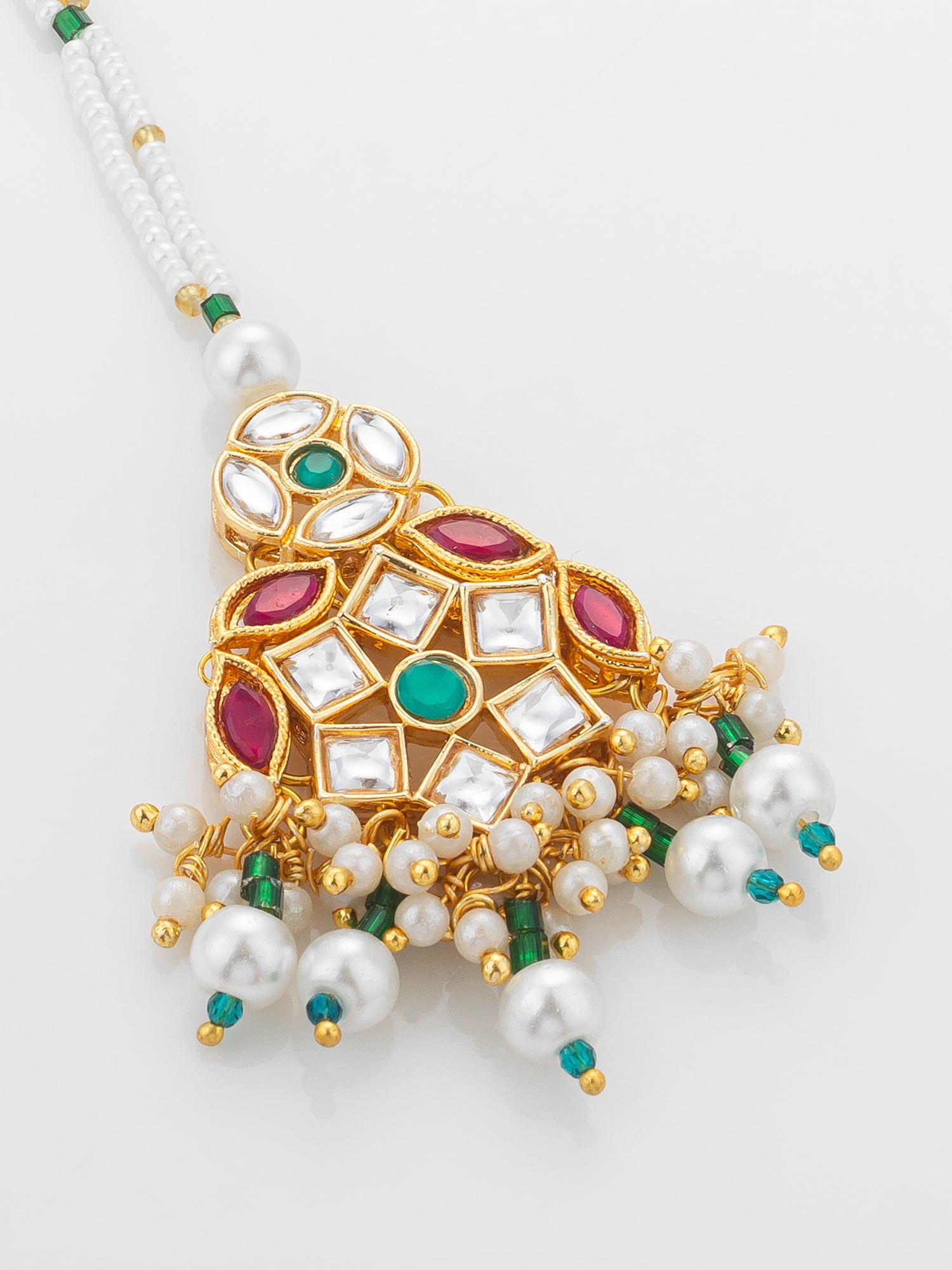 Aadita Gold Plated Multi-Stone Kundan Mangtika with White Seed Bead Chain and Pearl Fringe