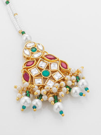 Aadita Gold Plated Multi-Stone Kundan Mangtika with White Seed Bead Chain and Pearl Fringe