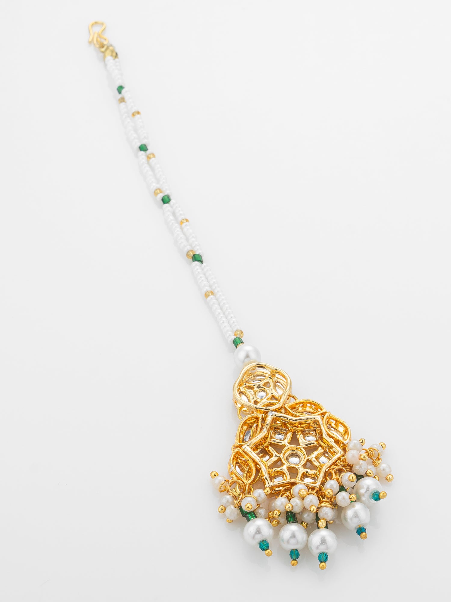 Aadita Gold Plated Multi-Stone Kundan Mangtika with White Seed Bead Chain and Pearl Fringe