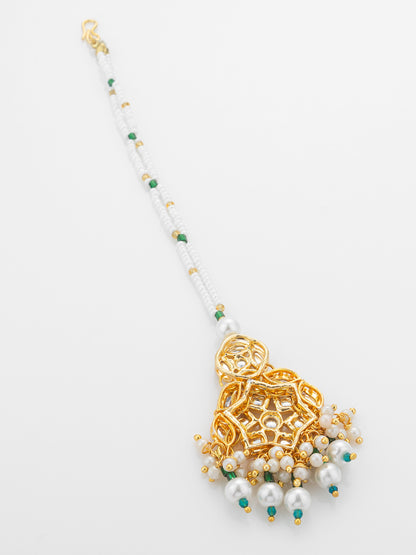 Aadita Gold Plated Multi-Stone Kundan Mangtika with White Seed Bead Chain and Pearl Fringe