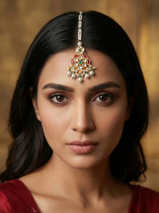 Aadita Gold Plated Multi-Stone Kundan Mangtika with White Seed Bead Chain and Pearl Fringe