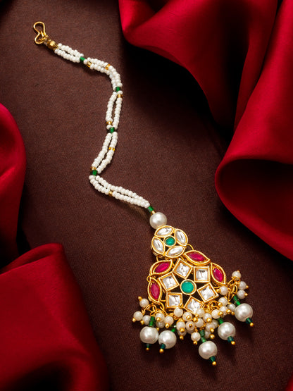 Aadita Gold Plated Multi-Stone Kundan Mangtika with White Seed Bead Chain and Pearl Fringe