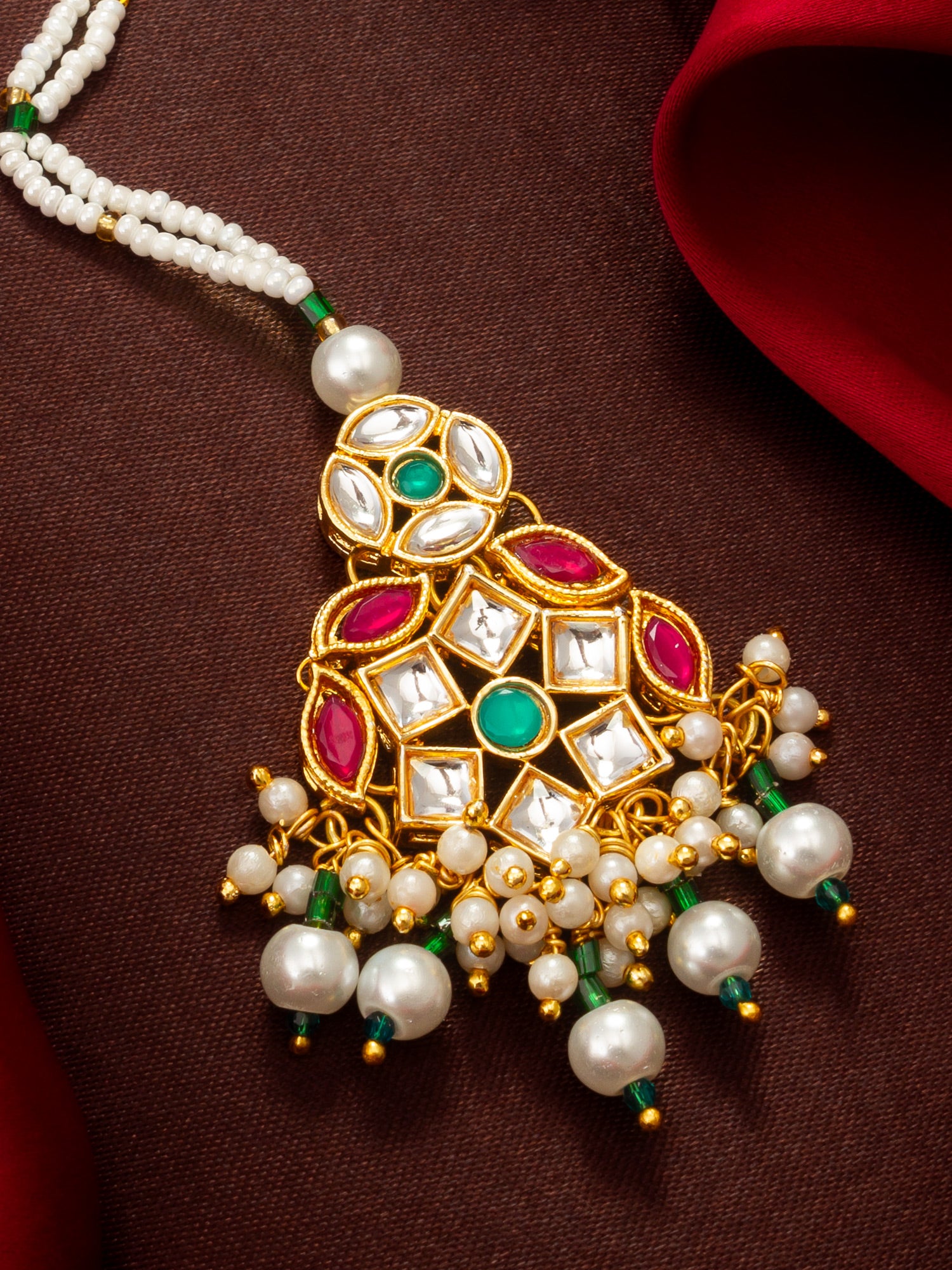Aadita Gold Plated Multi-Stone Kundan Mangtika with White Seed Bead Chain and Pearl Fringe