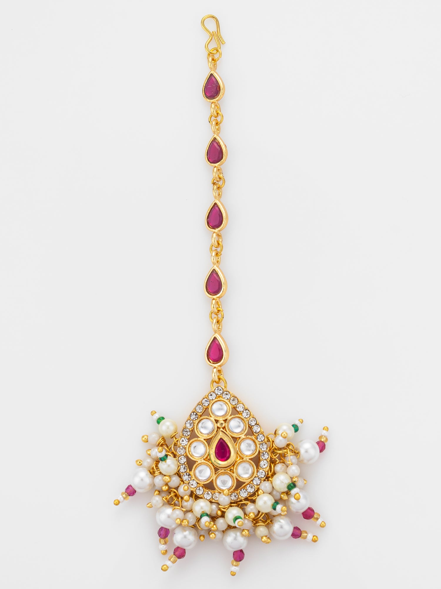 Aadita Gold Plated Ruby Teardrop Chain Mangtika with Kundan Triangle Pendant and Pearl Cluster Fringe