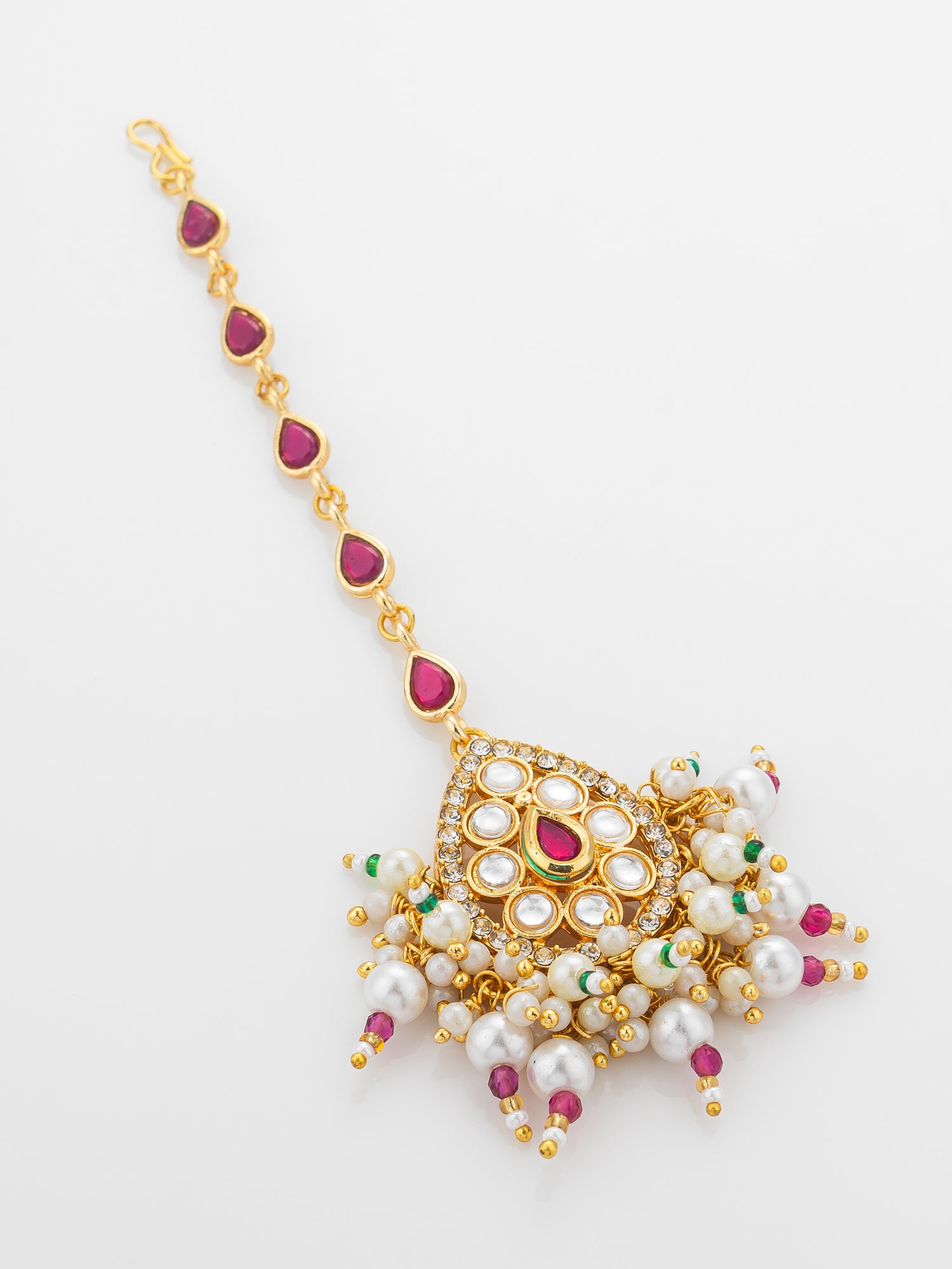 Aadita Gold Plated Ruby Teardrop Chain Mangtika with Kundan Triangle Pendant and Pearl Cluster Fringe