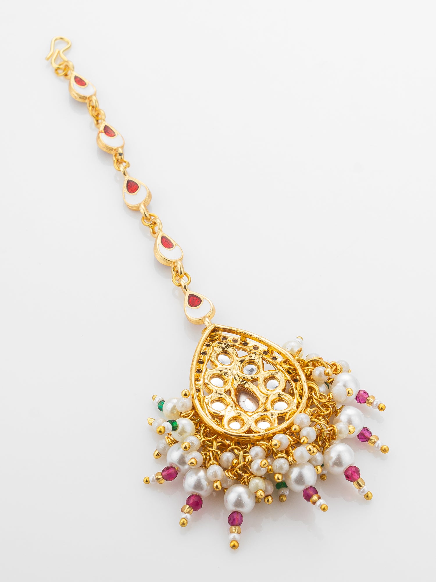Aadita Gold Plated Ruby Teardrop Chain Mangtika with Kundan Triangle Pendant and Pearl Cluster Fringe