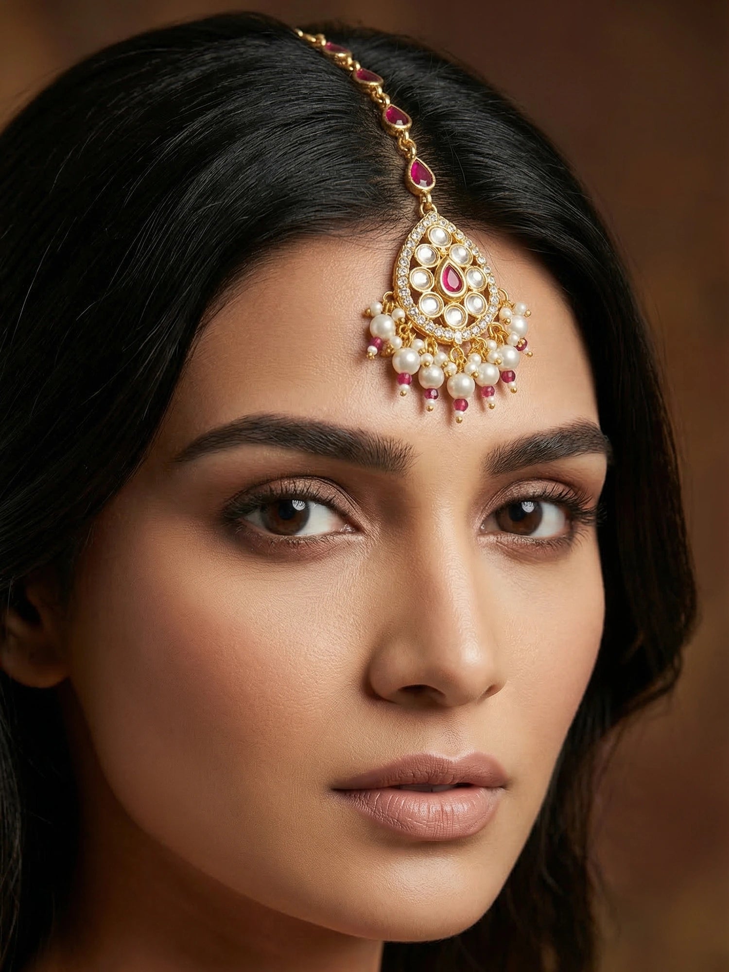Aadita Gold Plated Ruby Teardrop Chain Mangtika with Kundan Triangle Pendant and Pearl Cluster Fringe