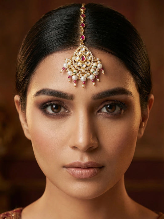 Aadita Gold Plated Ruby Teardrop Chain Mangtika with Kundan Triangle Pendant and Pearl Cluster Fringe